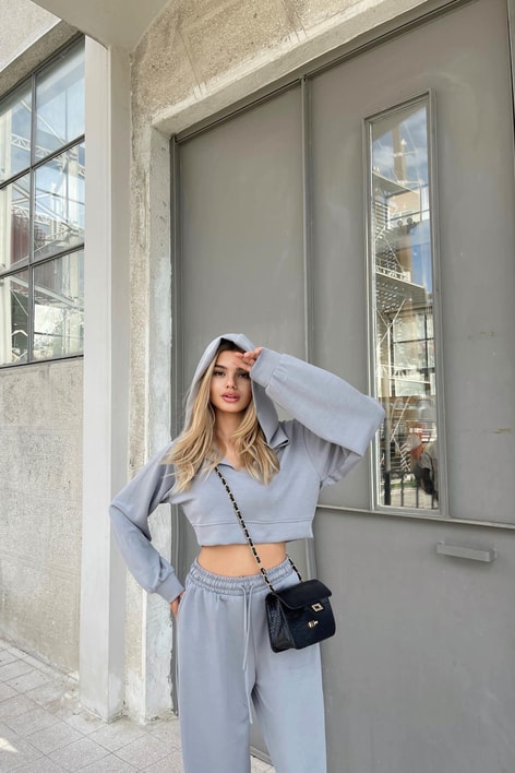 Modal Kapüşonlu Crop Takım Gri