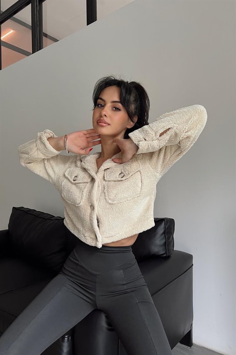 Cepli Peluş Mont Bej