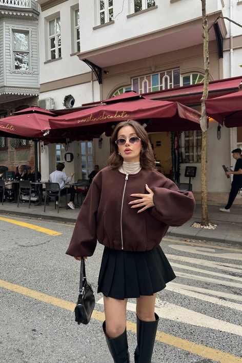 Fermuarlı Kaşe Bomber Mont Kahverengi