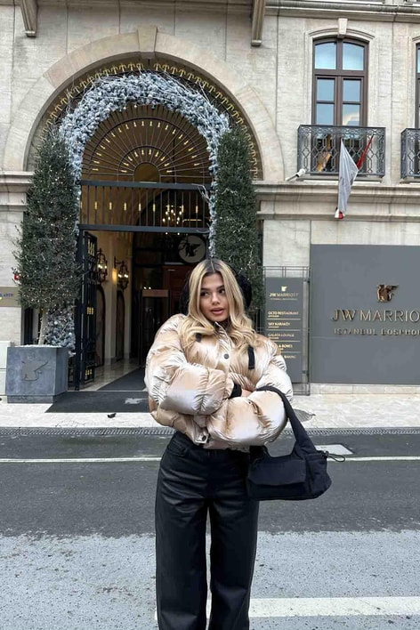 Holo Kapüşonlu Puffer Mont Bej