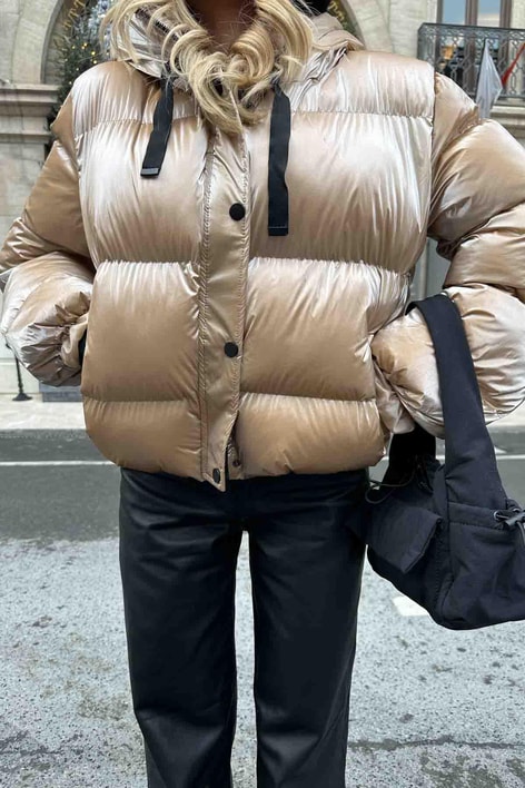 Holo Kapüşonlu Puffer Mont Bej