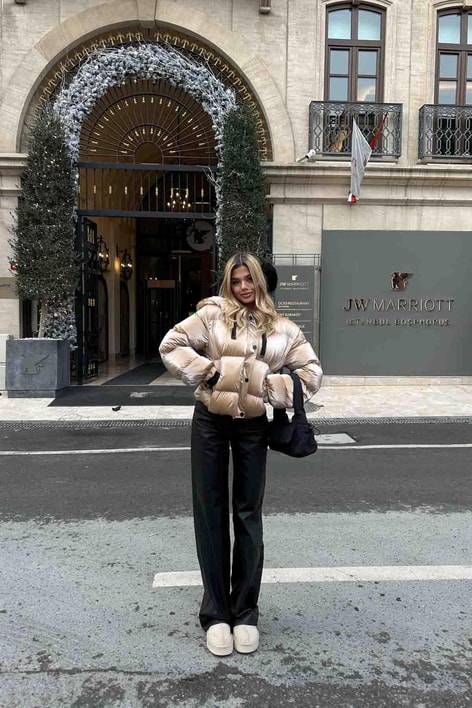 Holo Kapüşonlu Puffer Mont Bej