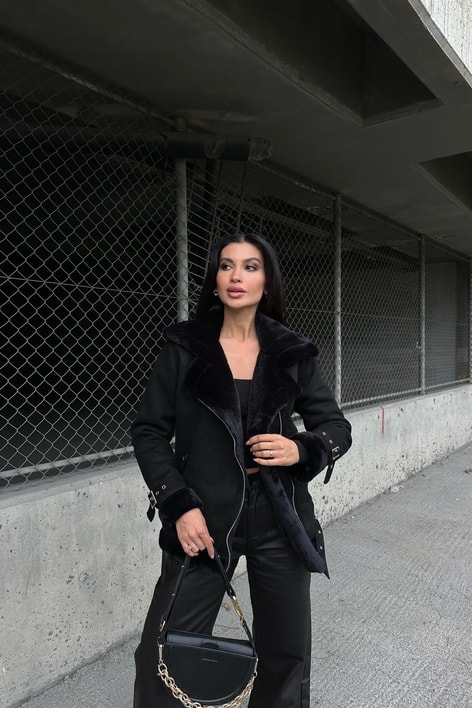 İçi Kürklü Biker Mont Siyah