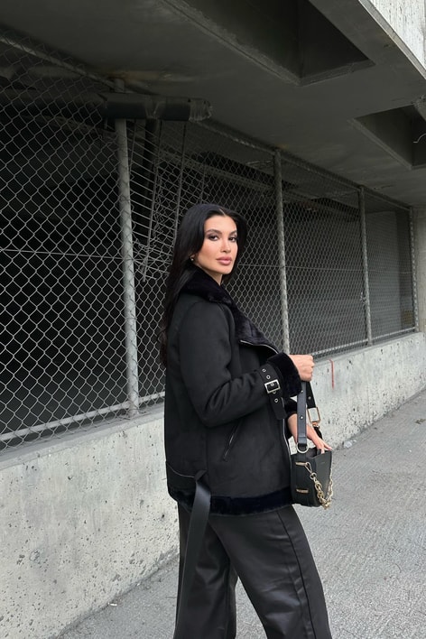 İçi Kürklü Biker Mont Siyah