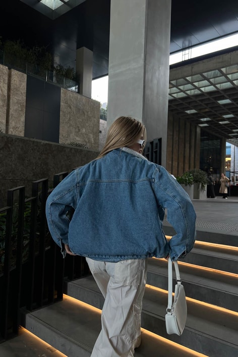 İçi Kürklü Kot Mont Mavi