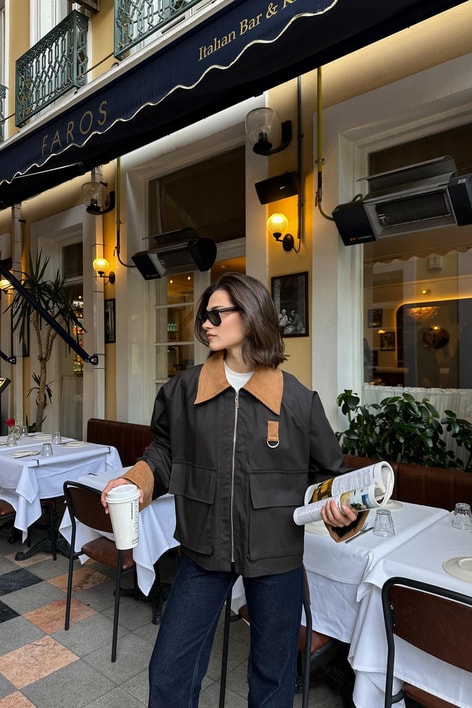 Kadife Kol Ve Yaka Detaylı Mont Acı Kahve