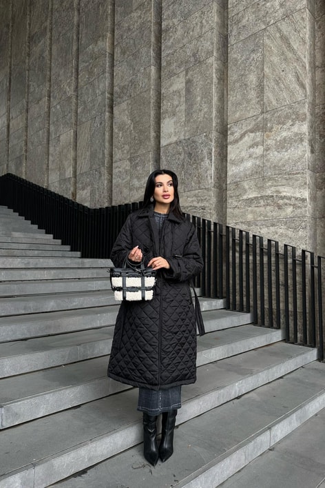 Kapitone Kemerli Maxi Mont Siyah