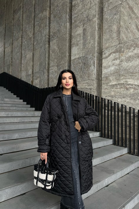 Kapitone Kemerli Maxi Mont Siyah