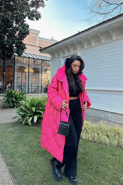 Kapitone Uzun Şişme Mont Fuşya