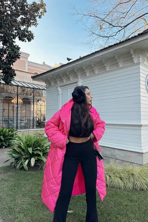 Kapitone Uzun Şişme Mont Fuşya