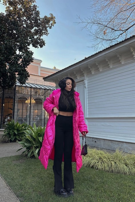 Kapitone Uzun Şişme Mont Fuşya