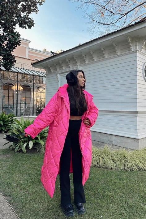 Kapitone Uzun Şişme Mont Fuşya