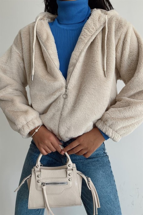 Kapüşonlu Peluş Mont Bej