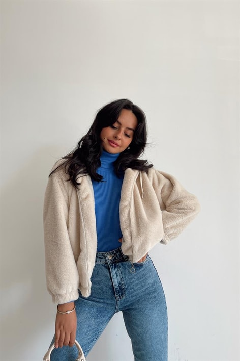 Kapüşonlu Peluş Mont Bej