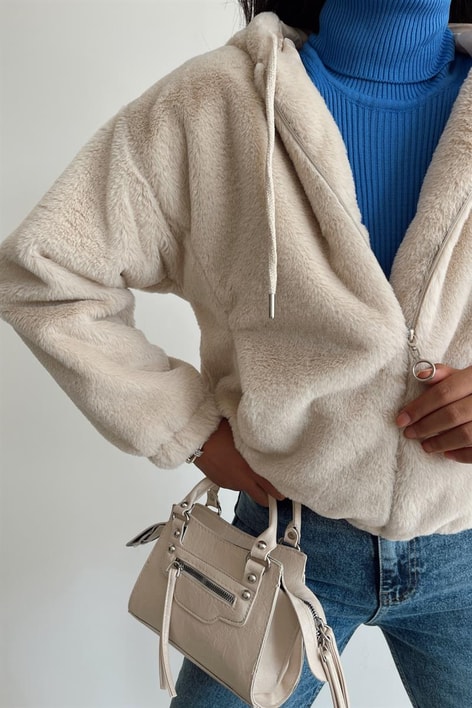 Kapüşonlu Peluş Mont Bej