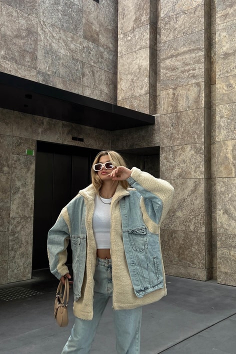 Kot Detay Teddy Mont Buz Mavi