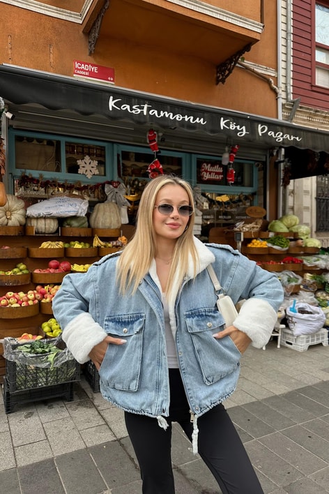 Kürklü Denim Mont Buz Mavi