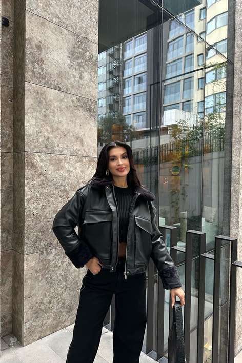 Kürklü Premium Deri Mont Siyah