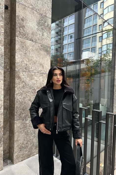 Kürklü Premium Deri Mont Siyah