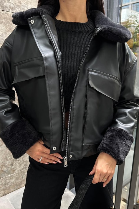 Kürklü Premium Deri Mont Siyah