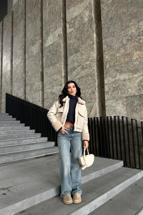 Kürklü Premium Deri Mont Taş