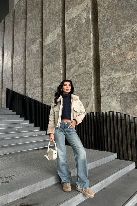 Kürklü Premium Deri Mont Taş