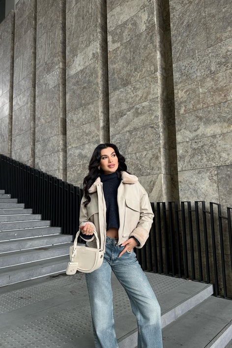 Kürklü Premium Deri Mont Taş