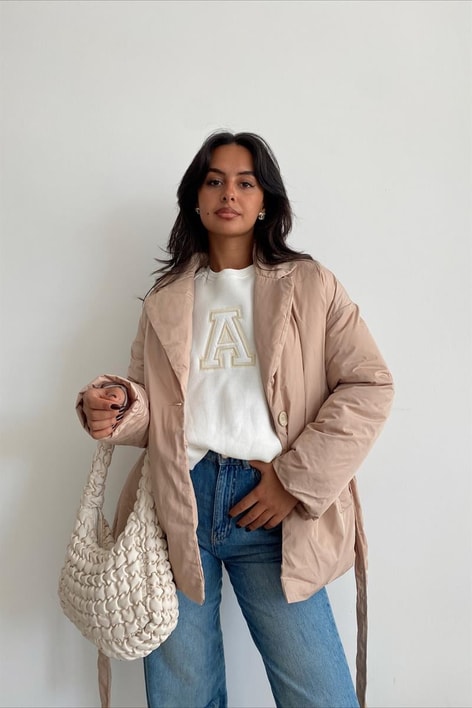 Kuşaklı Premium Şişme Mont Camel