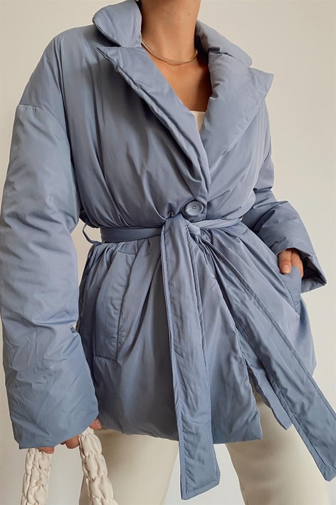 Kuşaklı Premium Şişme Mont Mavi