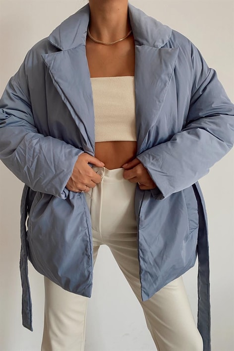 Kuşaklı Premium Şişme Mont Mavi