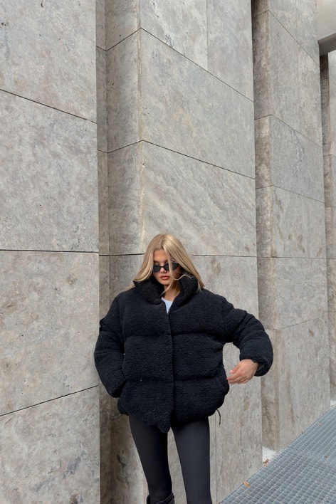 Kuzu Peluş Fermuarlı Mont Siyah