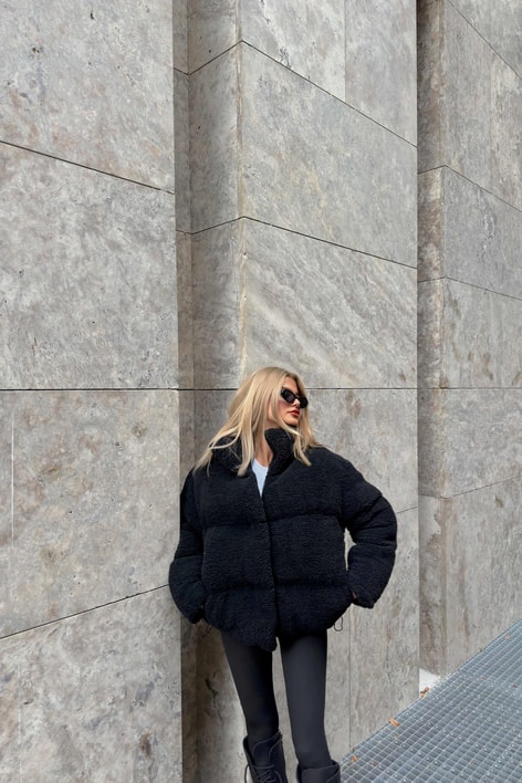 Kuzu Peluş Fermuarlı Mont Siyah