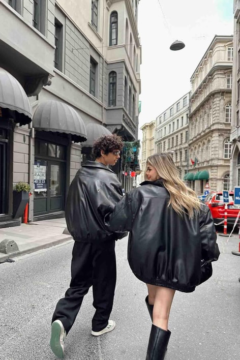 Oversıze Deri Puffer Mont Siyah