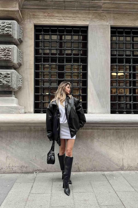 Oversıze Deri Puffer Mont Siyah