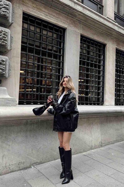 Oversıze Deri Puffer Mont Siyah