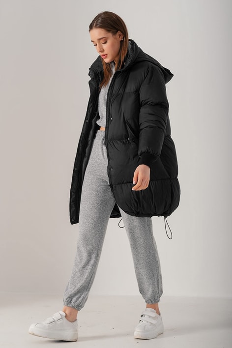 Oversize Kapüşonlu Mont Siyah