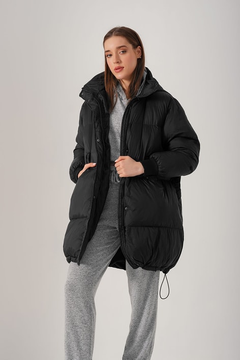 Oversize Kapüşonlu Mont Siyah