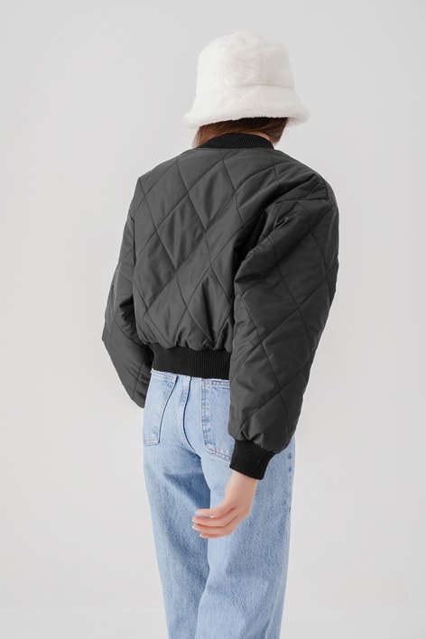 Ribanalı Crop Şişme Mont Siyah