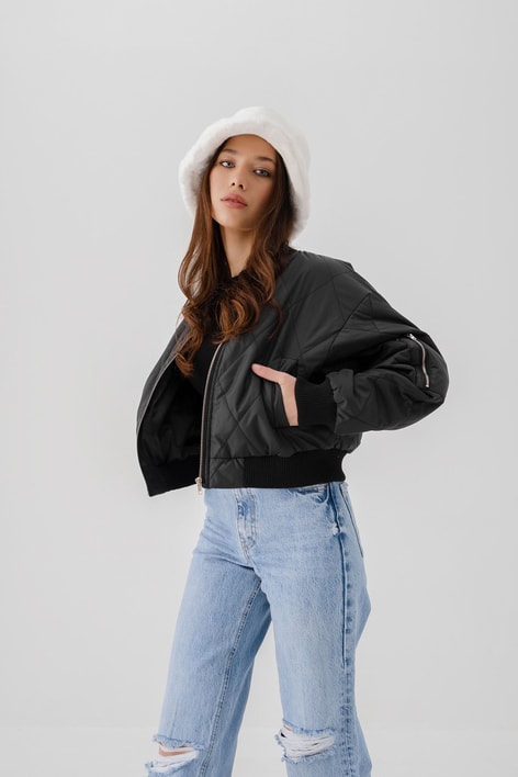 Ribanalı Crop Şişme Mont Siyah