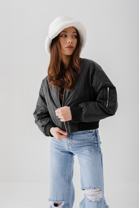 Ribanalı Crop Şişme Mont Siyah