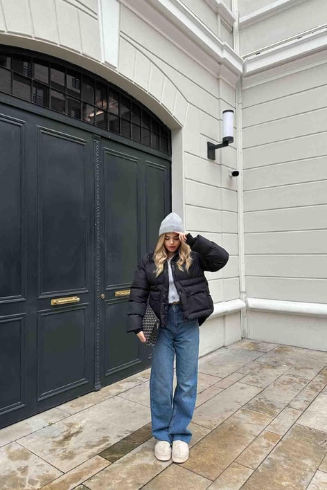 Sweat Kapüşonlu Şişme Mont Siyah