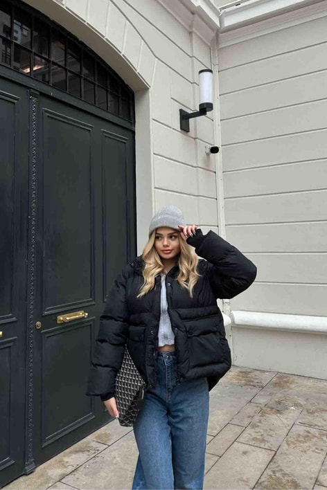 Sweat Kapüşonlu Şişme Mont Siyah