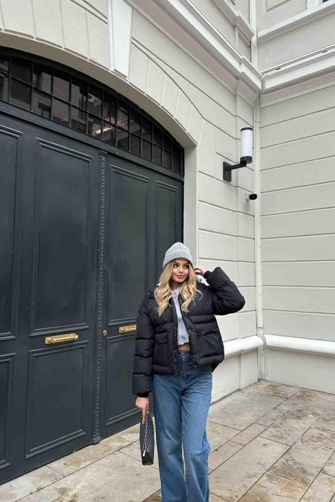 Sweat Kapüşonlu Şişme Mont Siyah