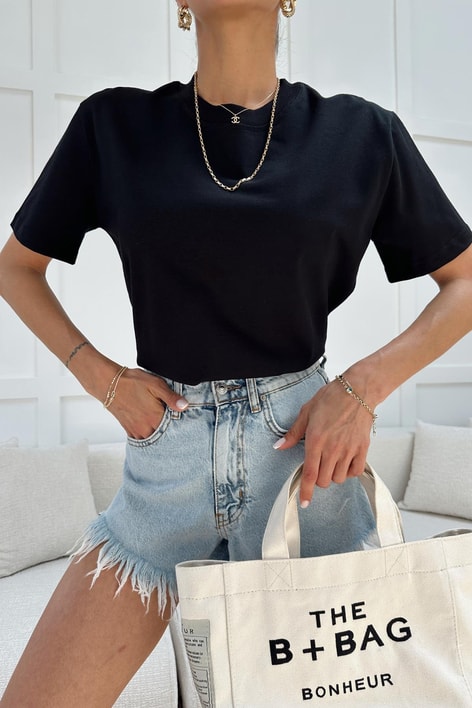 Dekoratif Dikişli Bisiklet Yaka Tshirt Siyah