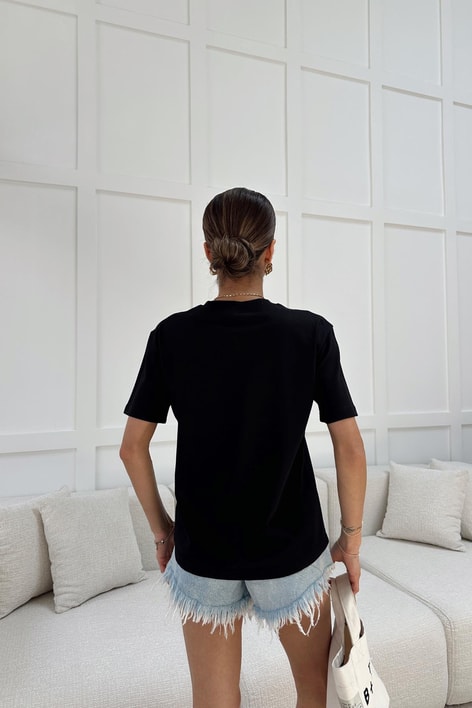 Dekoratif Dikişli Bisiklet Yaka Tshirt Siyah