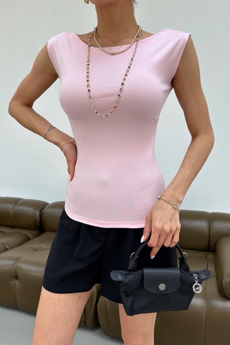Kayık Yaka Kolsuz Tshirt Pembe
