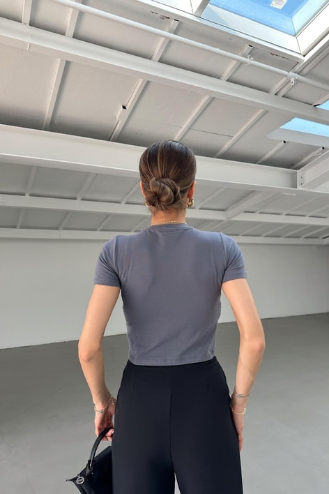 Yaka Dikişli Basic Tshirt Antrasit