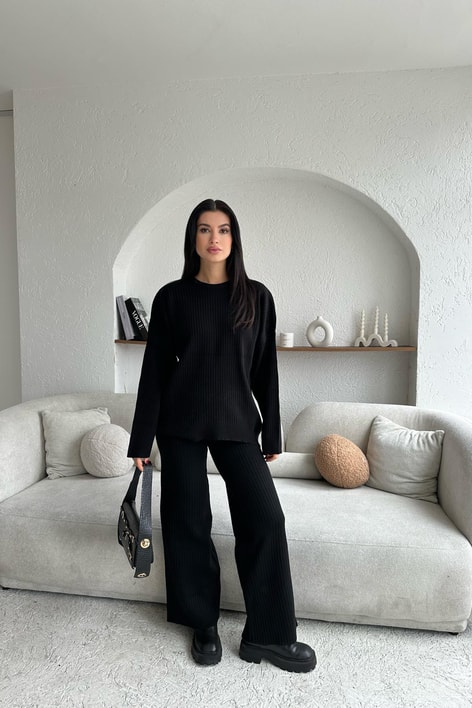 Oversize Fitilli Triko Takım Siyah