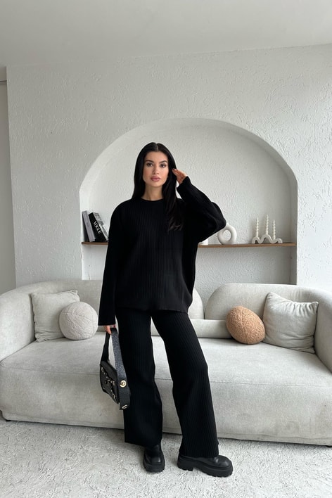 Oversize Fitilli Triko Takım Siyah
