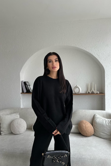 Oversize Fitilli Triko Takım Siyah